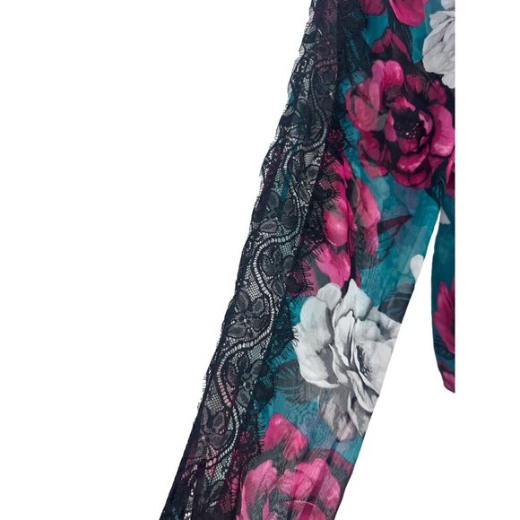 White House Black Market Womens Green Red Floral Lace Trim Sheer Blouse Size M - Picture 3 of 10